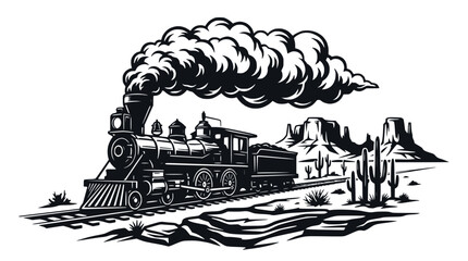Vintage Steam Train in Desert Landscape with Cacti and Mountains © Berkah