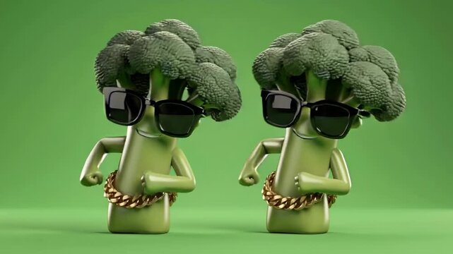 Two cool broccoli characters wearing sunglasses and gold chains dancing confidently in fun animation