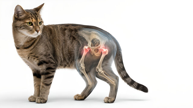 Cat hip dysplasia anatomy with early feline hip osteoarthritis, photorealistic veterinary medical image showing pelvic joint degeneration for pet owner education and animal health websites