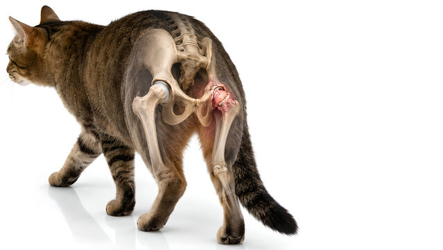 Cat hip dysplasia anatomy with early feline hip osteoarthritis, photorealistic veterinary medical image showing pelvic joint degeneration for pet owner education and animal health websites
