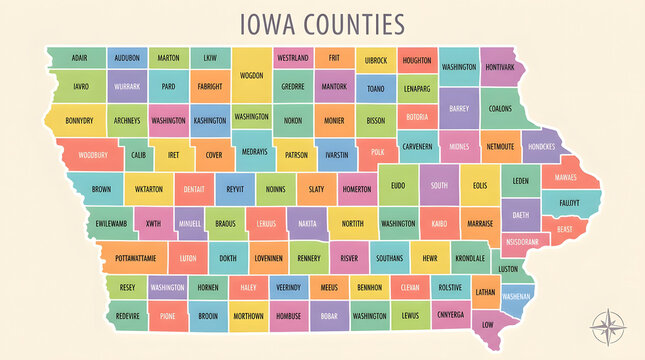 A colorful map displays all Iowa counties divided into 99 regions.