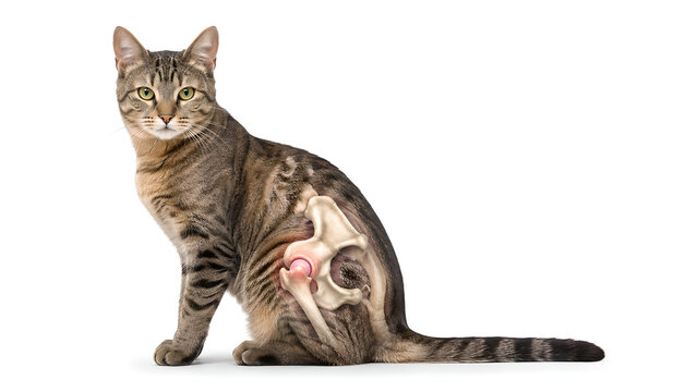 Cat hip dysplasia anatomy with early feline hip osteoarthritis, photorealistic veterinary medical image showing pelvic joint degeneration for pet owner education and animal health websites