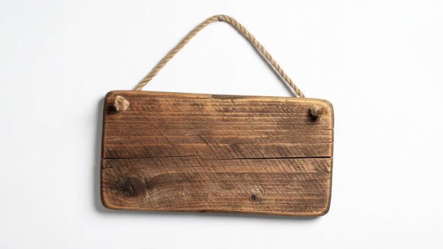 Rustic wooden signboard gently swinging on rope with clean white background for decoration and design