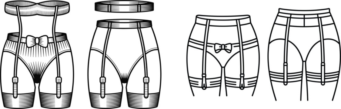 Vector fashion technical sketch and vintage engraved illustration of women high waisted garter suspender belt underwear set