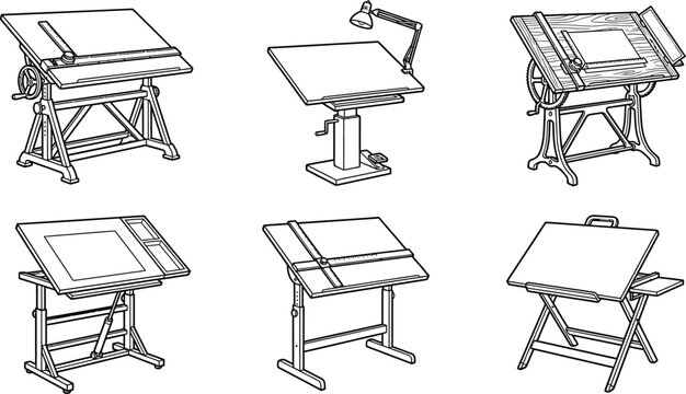 Collection of various drafting tables and drawing boards presented in a detailed line art vector style for architectural and design concepts