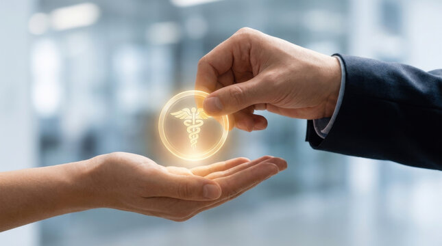 Medical research funding policy close up of hand exchange with glowing health icon and supportive care concept