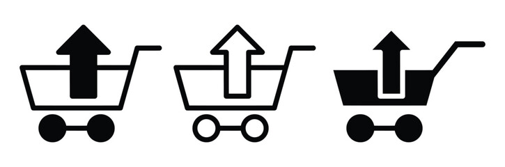 Shopping cart with up arrow icon vector set representing e-commerce product removal, digital checkout checkout, online store order upload, and retail marketing interface design. © Welcome
