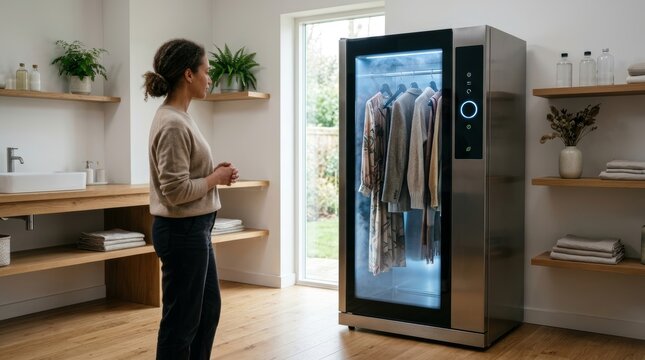 Woman using smart steam clothing care system in laundry room. Innovative home appliance for refreshing and sanitizing garment. Modern technology for wardrobe maintenance and domestic chore.