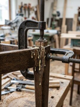 Carpenter repairing wooden furniture leg with iron clamp and glue. Woodworking process in workshop. Craftsmanship, furniture restoration and home improvement project concept.