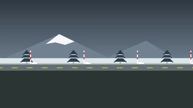 Winter night road animation with snowy mountains, trees, and streetlights. Seamless loop of car driving on an empty highway through a winter landscape.