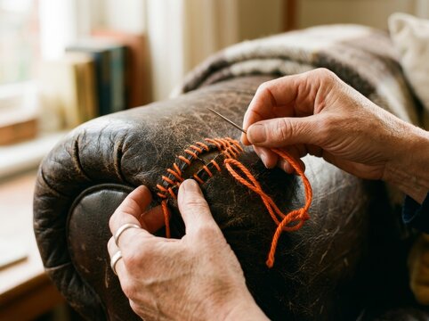 Woman repairing torn leather sofa with needle and orange thread. Manual repair of furniture upholstery. Restoration concept for sustainable living and home maintenance craft hobby.