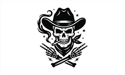 Fototapeta premium Cowboy Skull vector, Cowboy Skeleton silhouette illustration pack design, cowboy skull silhouette vector, cowboy skeleton vector, western skull illustration, western skeleton silhouette, cowboy skull 