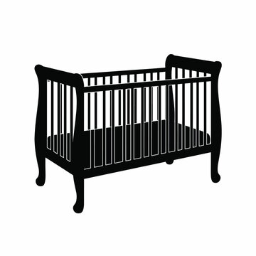 Black wooden baby crib silhouette isolated on white background
