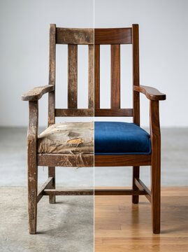 Wooden chair comparison showing before and after restoration. Old worn furniture refurbishing process. Craftsmanship project for interior design transformation and home improvement.