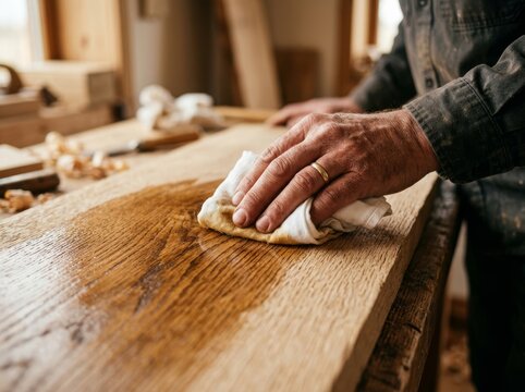 Carpenter cleaning wooden board with cloth in workshop. Man polishing furniture surface with oil. Manual wood craftsmanship, restoration, hobby and woodworking maintenance process concept.