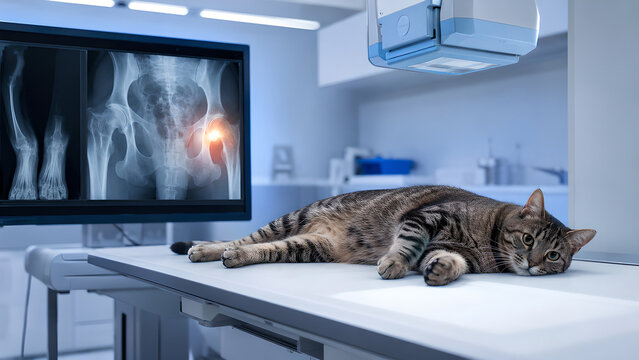 Cat hip joint hip dysplasia veterinary radiology concept showing feline mobility pain focus in clean animal hospital, photorealistic diagnostic image for pet health education and orthopedic care