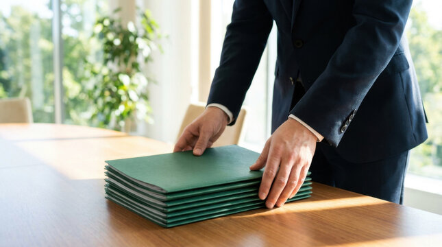 Business suit document green folder conference table office hands stack paper agreement contract negotiation meeting corporate professional