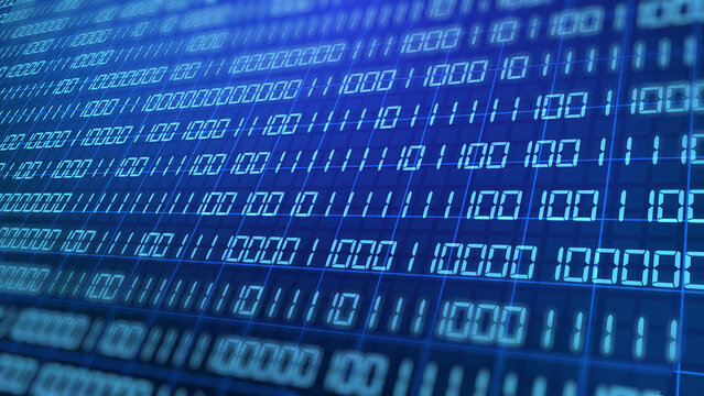 Display screen Binary digits number text code 1, 0 in moving system math cryptography on dark black cyberspace