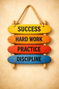 Motivational wood signs displaying success hard work practice and discipline with hardwork