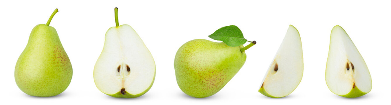 Green organic pears isolated. Green fresh juicy pear and cut in half and slice of pear isolate collection.