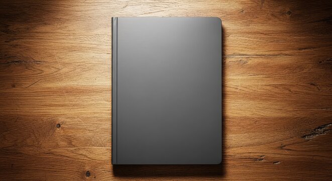 Top view of a closed empty agenda with a hard cover resting on a rustic timber tabletop for a professional branding mockup, paper, blank, empty