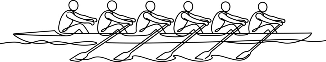 Continuous line drawing of a rowing team in a racing boat. © tr