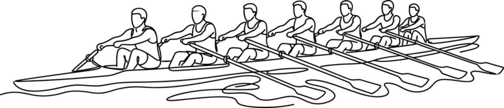 Black and white line art illustration of a rowing crew in a racing shell boat.