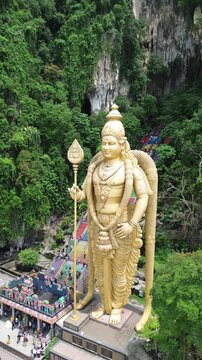Vertical Aerial 4K Drone Footage Batu Caves Malaysia Hindu Temple Limestone