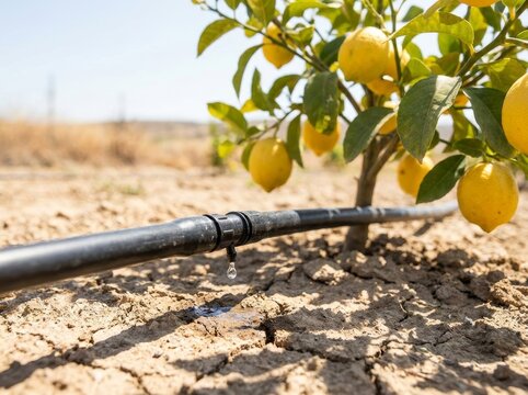 Drip irrigation system watering lemon tree in dry soil. Sustainable agriculture concept for efficient water usage in orchard. Modern farming technology for crop growth in drought area.