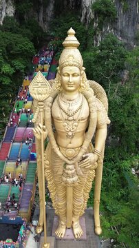 Vertical Aerial 4K Drone Footage Batu Caves Malaysia Hindu Temple Limestone