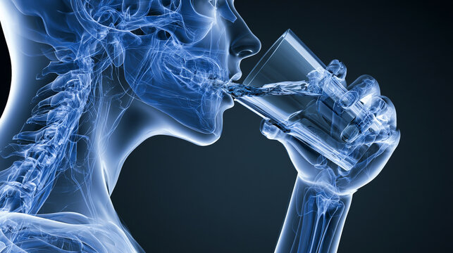 An artistic representation of the human skeletal system, highlighting the process of drinking water