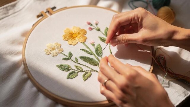 Close up of hands skillfully creating detailed vibrant floral embroidery colorful threadwork art