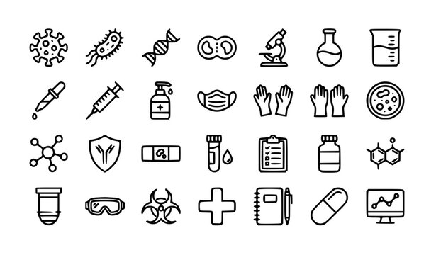 Minimal microbiology healthcare and virus prevention line icon pack isolated on white background vector illustration