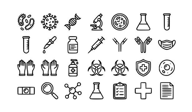Microbiology and virus prevention outline icon set with bacteria DNA laboratory and healthcare symbols isolated on white background vector illustration