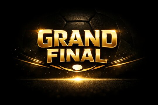Grand final gold lettering on dark soccer ball texture background with football, lighting