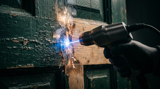 Worker using laser cleaning device to remove old paint from wooden door. Restoration professional using innovative laser technology for surface cleaning and wood renovation work.