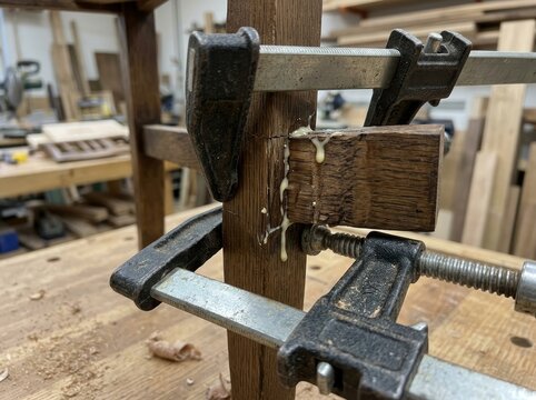 Woodworker repairing furniture joint with glue and metal clamps. Wooden beam being bonded in workshop. Professional carpentry project for home construction and furniture restoration process.