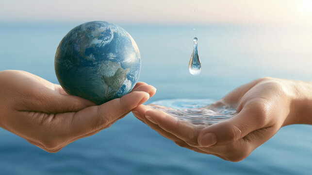 Water Conservation Earth Day Concept with Hands Holding Globe and Water Drop for Sustainable Environment