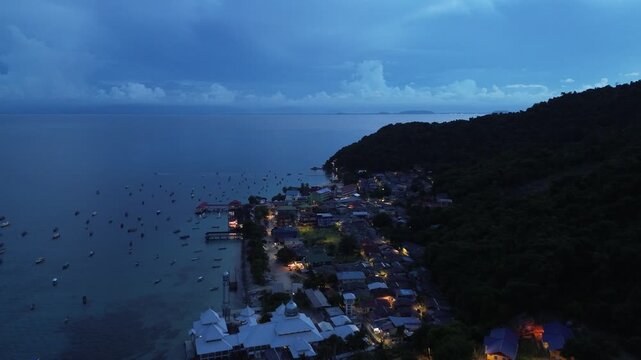Aerial 4K Drone Footage Perhentian Kecil Malaysia Night Boat Lights Ocean