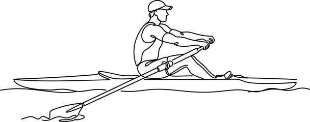 Continuous line drawing of a male rower in a boat. © gunko