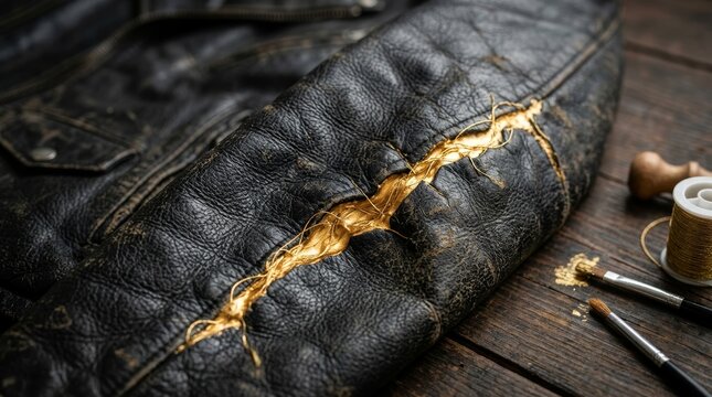 Black leather jacket restored with gold using kintsugi technique. Broken item repaired with precious metal. Concept of beauty in damage, sustainable fashion and circular economy repair.