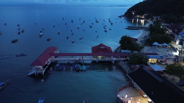 Aerial 4K Drone Footage Perhentian Kecil Malaysia Night Boat Lights Ocean