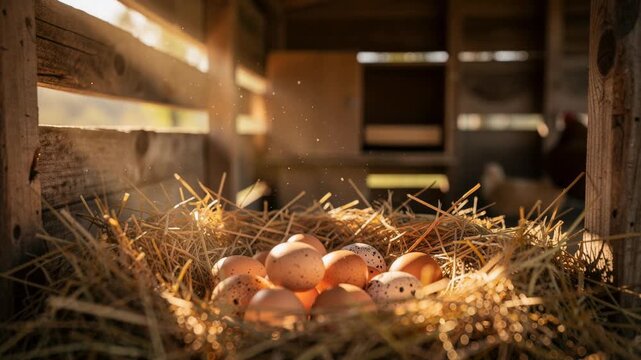 Golden sunlight filters through a rustic barn gently illuminating a cozy nest in warm rural setting