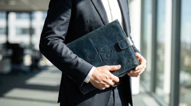Solar power folder business person suit office renewable energy holding document male