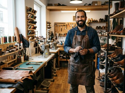 Smiling man shoemaker in apron standing in his leather workshop. Professional craftsman holding cloth for polishing shoe. Small business, handmade production and artisan skill concept.