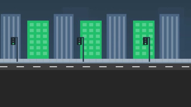 Animated pixel art city street with moving lights and shifting urban landscape, perfect for game backgrounds or retro visual effects