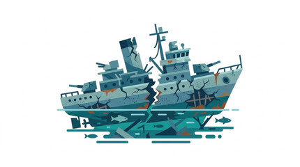 Broken warship sinking in the sea with fish swimming around. © amira