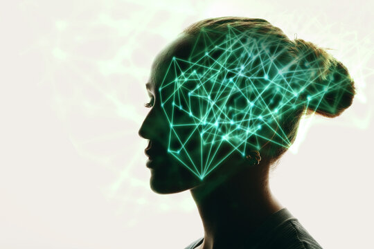 Woman head profile and digital glowing neon lines and abstract neural network inside her head. Artificial intelligence concept.