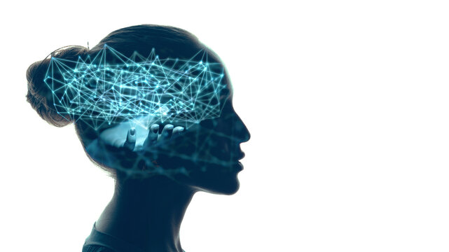 Human profile and digital glowing neon lines and abstract neural network inside his head. Artificial intelligence concept.