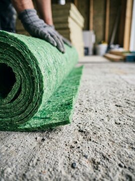 Builder unrolling green thermal insulation material on concrete floor. Professional worker installing eco-friendly insulation roll for house renovation and energy efficiency improvement.